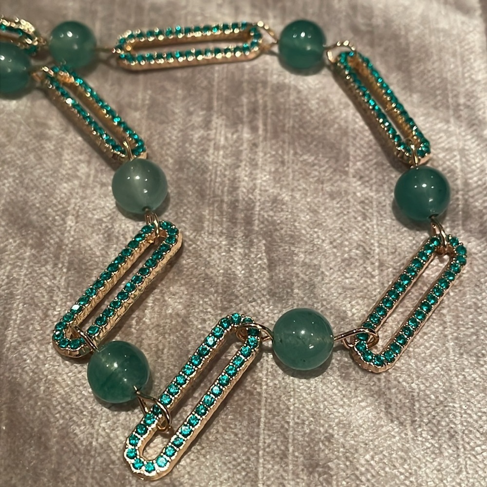 Green aventurine Austrian Crystal Paper clip Necklace 20”